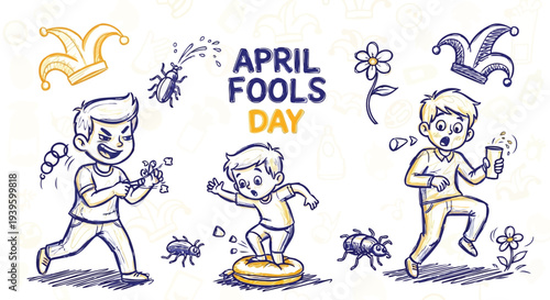 Boys celebrating April Fools Day typography sketch drawing art