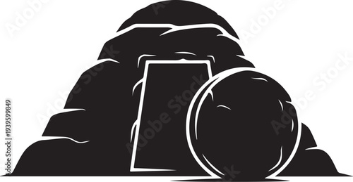 Black and white illustration of rocks and objects