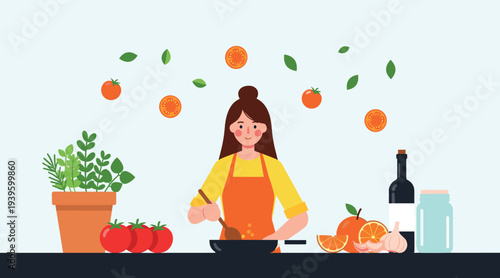 Woman Cooking Healthy Meal with Fresh Vegetables and Ingredients in Kitchen Healthy Food Preparation Illustration