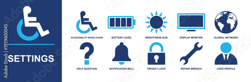 Settings icon set. Containing battery level, display monitor, global network, help question, notification bell, privacy lock, repair wrench, user profile and more. Solid fill vector icons