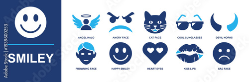 Smiley icon set. Containing angel halo, angry face, cat face, cool sunglasses, devil horns, frowning face, happy smiley, heart eyes, kiss lips, sad face and more. Solid fill vector icons
