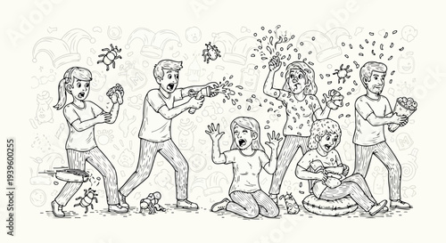 Adults playing practical jokes line art doodle graphic design