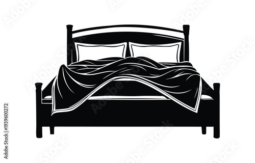 Double bed icon silhouette vector, bedroom furniture bed symbol illustration 