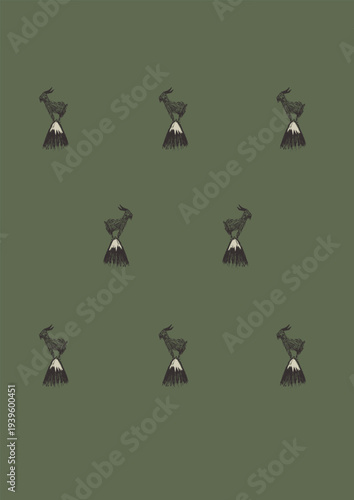 Vintage-hand-drawn mountain goat standing on snowy peak seamless pattern.eps