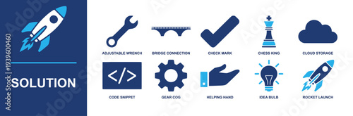 Solution icon set. Containing adjustable wrench, bridge connection, check mark, cloud storage, code snippet, helping hand, idea bulb, rocket launch and more. Solid fill vector icons