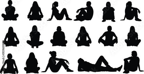 People sitting silhouettes collection, male female relaxed poses vector set, casual human figures isolated on white background designPeople sitting silhouettes collection, male female relaxed poses 