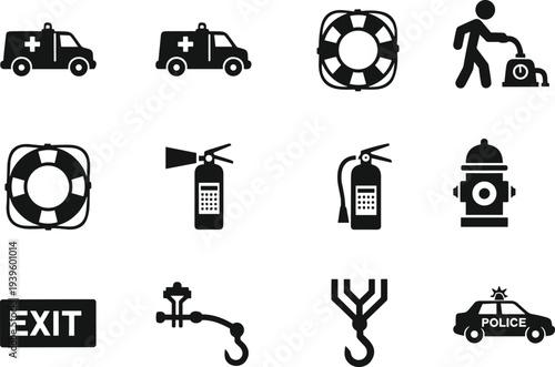 Collection of twelve black and white safety and emergency icons including ambulance, lifebuoy, fire extinguisher, hydrant, exit sign, crane hook, and police car symbols.
