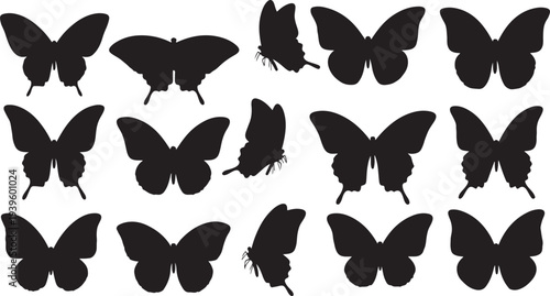 Collection of black butterfly silhouettes on white background