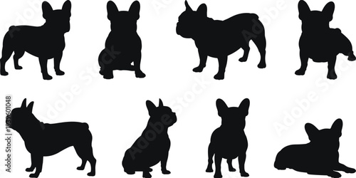 French bulldog silhouettes set, cute puppy dog vector collection, different poses canine icons isolated on white background