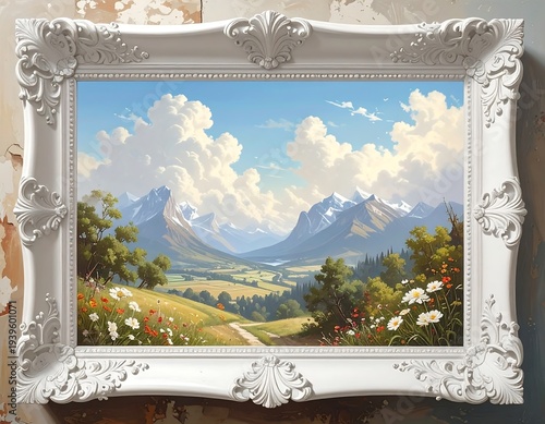 A painting encased in an ornate white frame depicts a serene landscape of mountains, fields, and a winding path beneath a blue sky