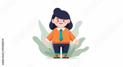 Friendly cartoon person in office attire stands amidst abstract foliage