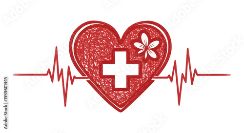 Hand-Drawn Red Heart with Medical Cross, ECG Line & Flower - Healthcare & Wellness Concept