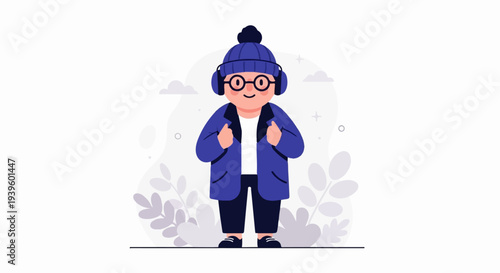 Cheerful child in warm winter clothes and headphones, happy expression
