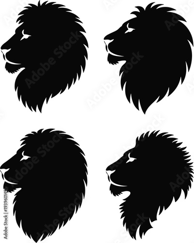 Lion head silhouettes set, roaring king vector illustration collection, wild animal mascot icons isolated on white background