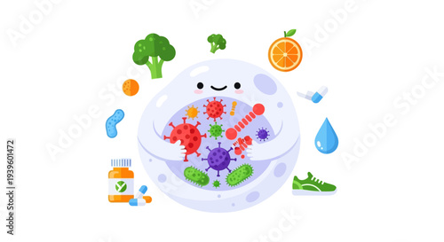 Immune System Health: Protecting Body from Viruses & Bacteria with Healthy Food, Exercise, Medicine. Wellness Concept