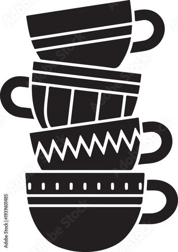 Stack of four stylized black and white coffee or tea cups each featuring unique decorative patterns
