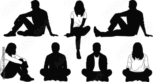 People sitting silhouettes set, male female relaxed poses vector collection, casual human figures isolated on white background
