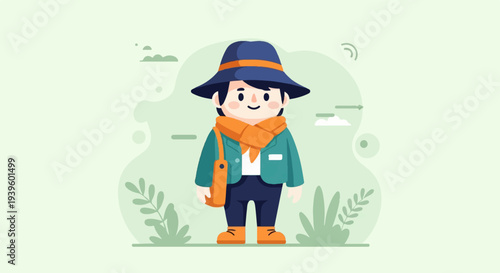 A happy child in a wide-brimmed hat and orange scarf stands outdoors