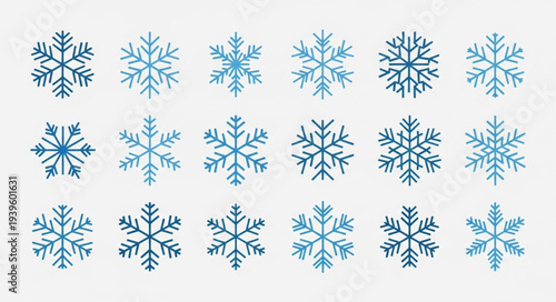 Collection of Various Blue Snowflakes with Unique Designs.