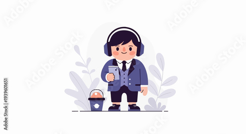 Cartoon individual in suit, headphones, holding phone, near a drink
