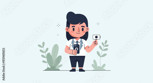 Friendly cartoon character holding a phone and a small camera, surrounded by plants