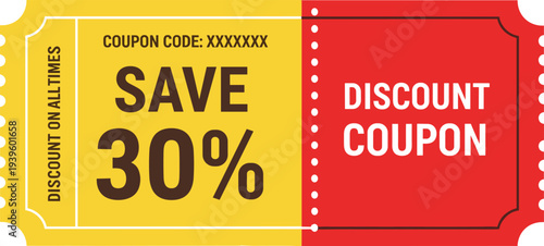 Colorful promotional discount coupon ticket design with bold red and yellow sections, save 30 percent offer, editable code, and dotted tear line for marketing campaigns.