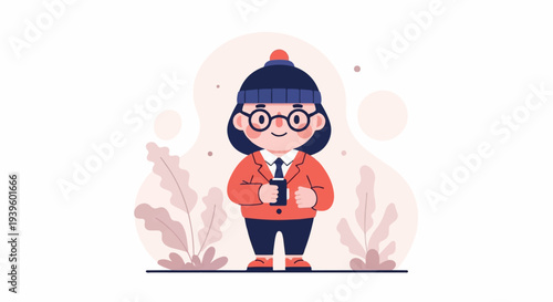 Cheerful person in winter attire holding a cup, surrounded by soft floral elements