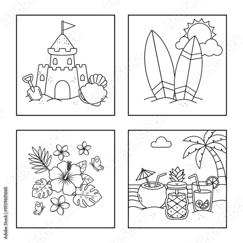 Summer Beach Coloring Page with Sandcastle, Surfboard, Tropical Flowers and Drinks for Kids
