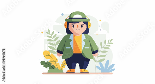 A stylized figure in a hat and jacket, wearing headphones, stands amidst abstract foliage