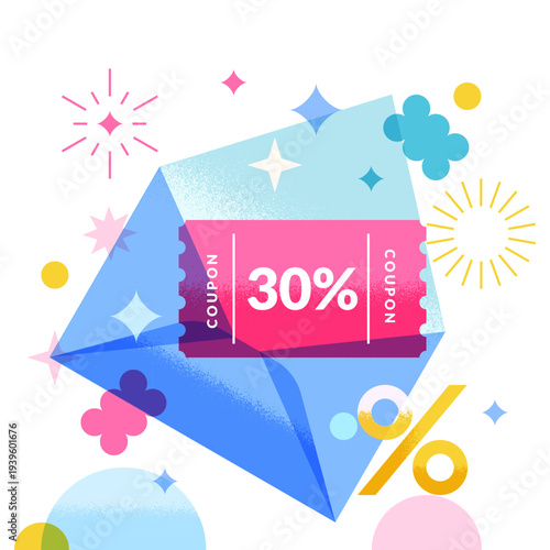 Sale voucher coupon in envelope. Vector design for electronic mail, promotion banner, online shopping offers, gift card