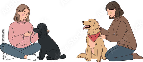 Women with dogs vector illustration pet owners sitting and bonding with puppies domestic animal companionship scene