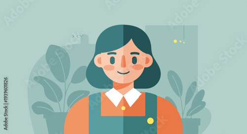 A flat-design illustration of a woman with teal hair and an orange shirt, standing indoors with houseplants