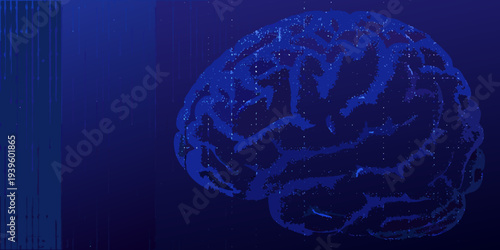 A digital rendering of a human brain against a dark blue background