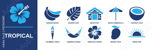 Tropical icon set. Containing banana bunch, banana leaf, beach hut, beach umbrella, coconut half, torch, hammock, hibiscus flower, mango, rising sun and more. Solid fill vector icons
