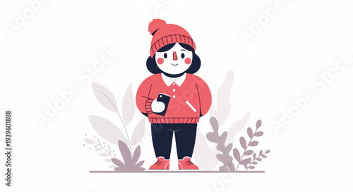 A stylized person in a red beanie, sweater, and dark pants holds a phone, surrounded by abstract plants