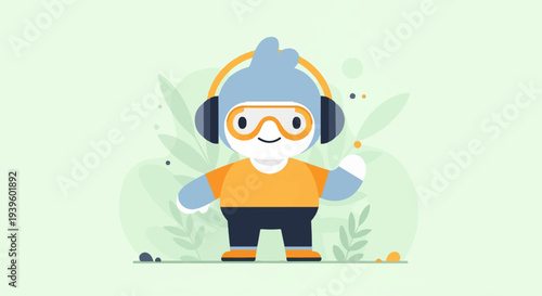 Cheerful cartoon character in orange shirt and diving mask with headphones, waves