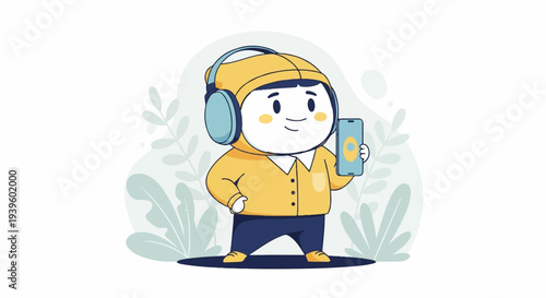 A stylized cartoon character with headphones and a smartphone stands amidst abstract foliage