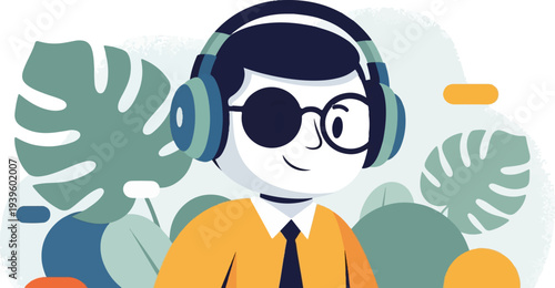 A person with an eyepatch and headphones smiling, surrounded by abstract green leaves and shapes