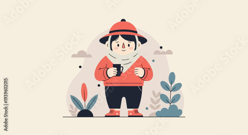 Cozy character in warm attire enjoys a hot beverage amidst stylized flora