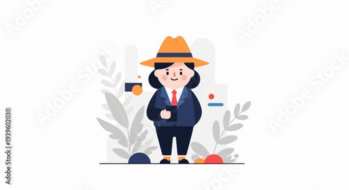 Stylized character in a hat and suit holding a device, set against abstract foliage