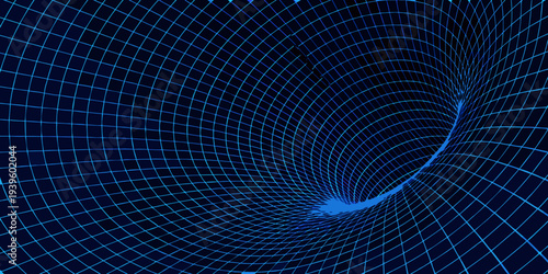 Abstract digital tunnel with a grid pattern leading into darkness