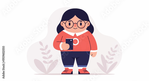 Adorable, plump character with dark hair, round glasses, and a coral top