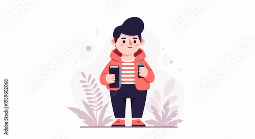 A cheerful cartoon person holds a book and bottle, surrounded by plants