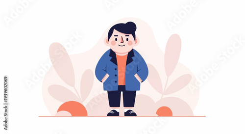 A stylized cartoon character with dark hair and rosy cheeks, wearing a blue jacket over an orange shirt