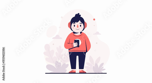 Cheerful cartoon person with headphones and phone, surrounded by soft pastel plants