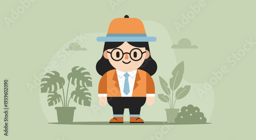 A cheerful cartoon figure in a hat and jacket, surrounded by plants and clouds