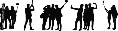 People taking selfies silhouettes set, friends group smartphone photos vector collection isolated on white background for social media design