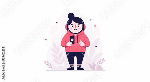 Cheerful cartoon figure in a pink hoodie, dark pants, and headphones, holding a phone and giving thumbs up