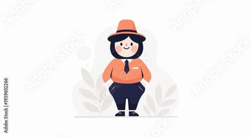 Cute character in orange shirt, dark pants, and hat
