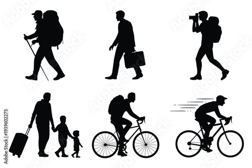People silhouettes, performing travel, and daily activities, black vector illustration of walking, commuting, carrying luggage and everyday lifestyle actions for city life, tourism, and social design